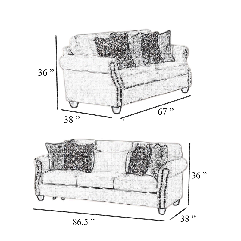 Bonie Sofa and Loveseat Set- Rolled Arms- 9 Pillows- Taupe Polyester