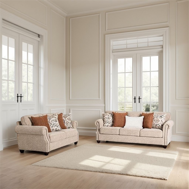 Bonie Sofa and Loveseat Set- Rolled Arms- 9 Pillows- Taupe Polyester