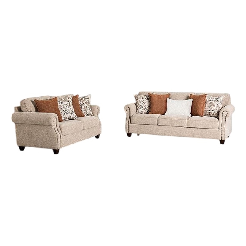 Bonie Sofa and Loveseat Set- Rolled Arms- 9 Pillows- Taupe Polyester