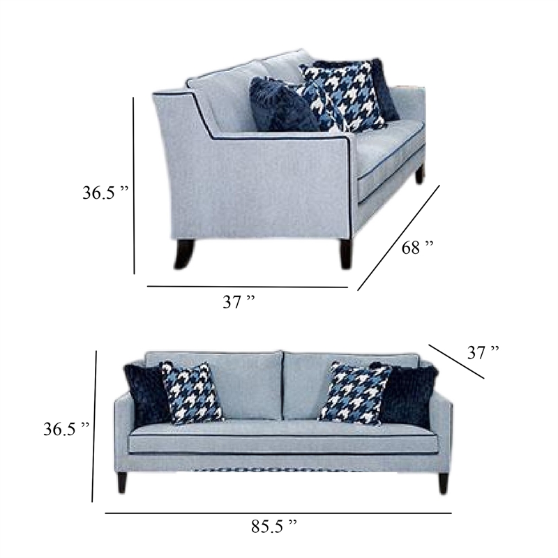 Colin 2pc Sofa and Loveseat Set- 8 Throw Pillows- Gray- Blue Polyester