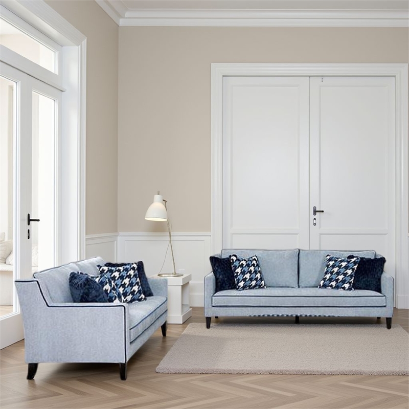 Colin 2pc Sofa and Loveseat Set- 8 Throw Pillows- Gray- Blue Polyester