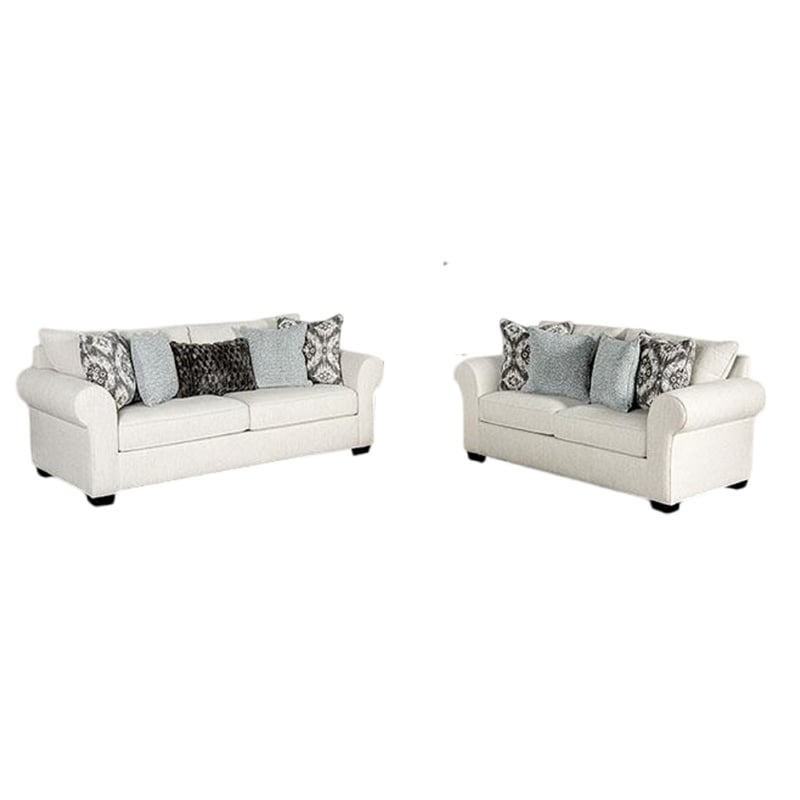 Berrie 2pc Sofa Loveseat Set- 9 Throw Pillows- Modern White Polyester