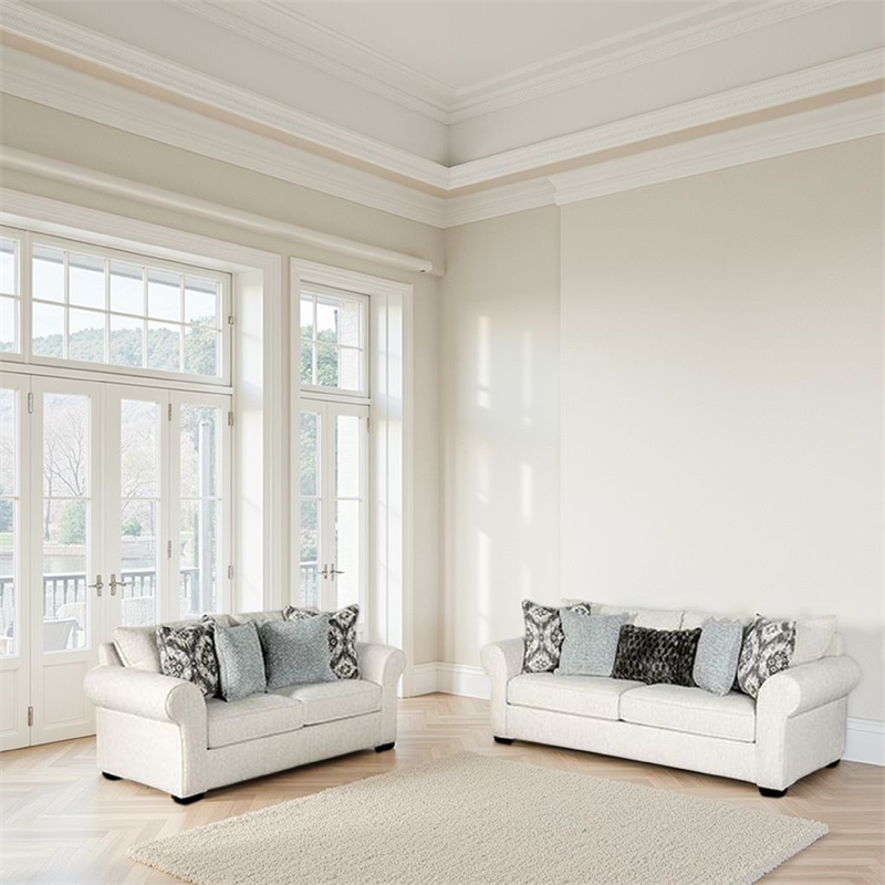 Berrie 2pc Sofa Loveseat Set- 9 Throw Pillows- Modern White Polyester