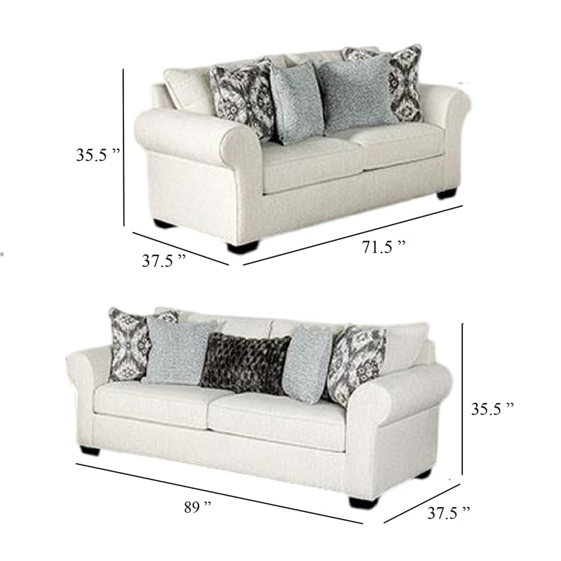 Berrie 2pc Sofa Loveseat Set- 9 Throw Pillows- Modern White Polyester