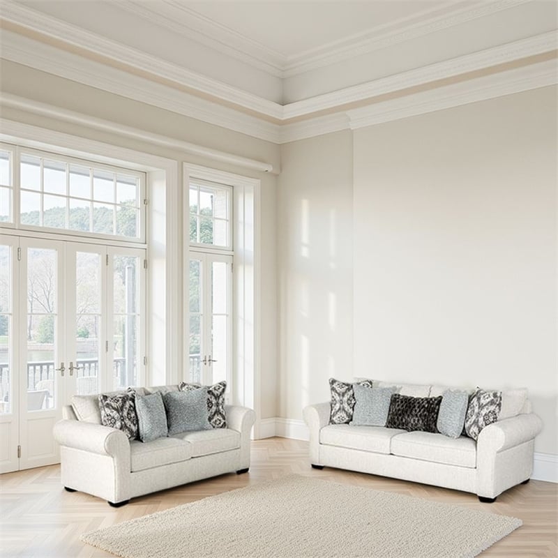 Berrie 2pc Sofa Loveseat Set- 9 Throw Pillows- Modern White Polyester