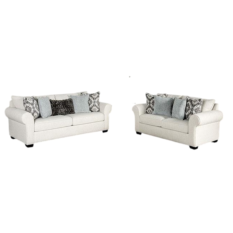 Berrie 2pc Sofa Loveseat Set- 9 Throw Pillows- Modern White Polyester