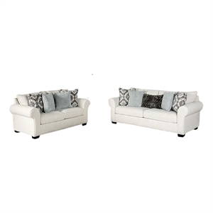 Berrie 2pc Sofa Loveseat Set- 9 Throw Pillows- Modern White Polyester
