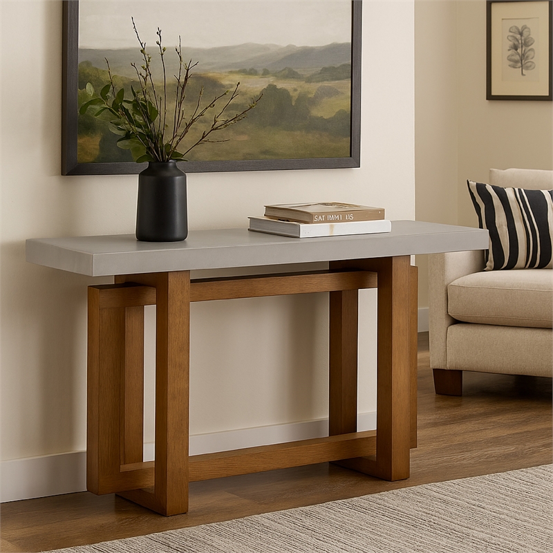 Joshua Sofa Table with Cross Base- Faux Concrete- Brown Wood 47 Inch