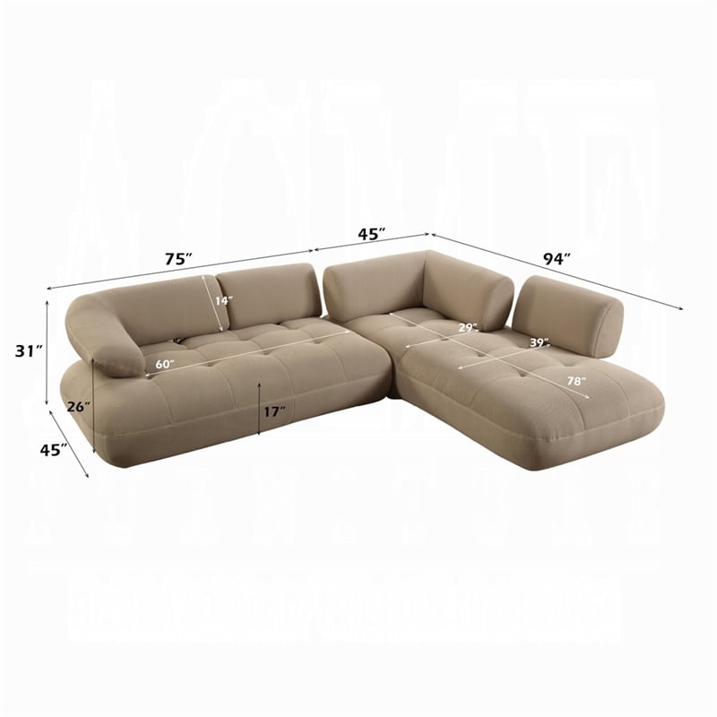 Erico L Sectional Sofa- 6 Pillows- Beige Sandwich Mesh Fabric 121 Inch