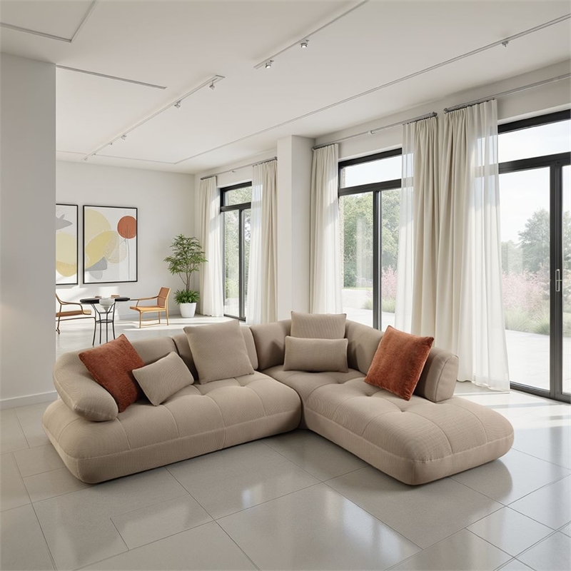 Erico L Sectional Sofa- 6 Pillows- Beige Sandwich Mesh Fabric 121 Inch