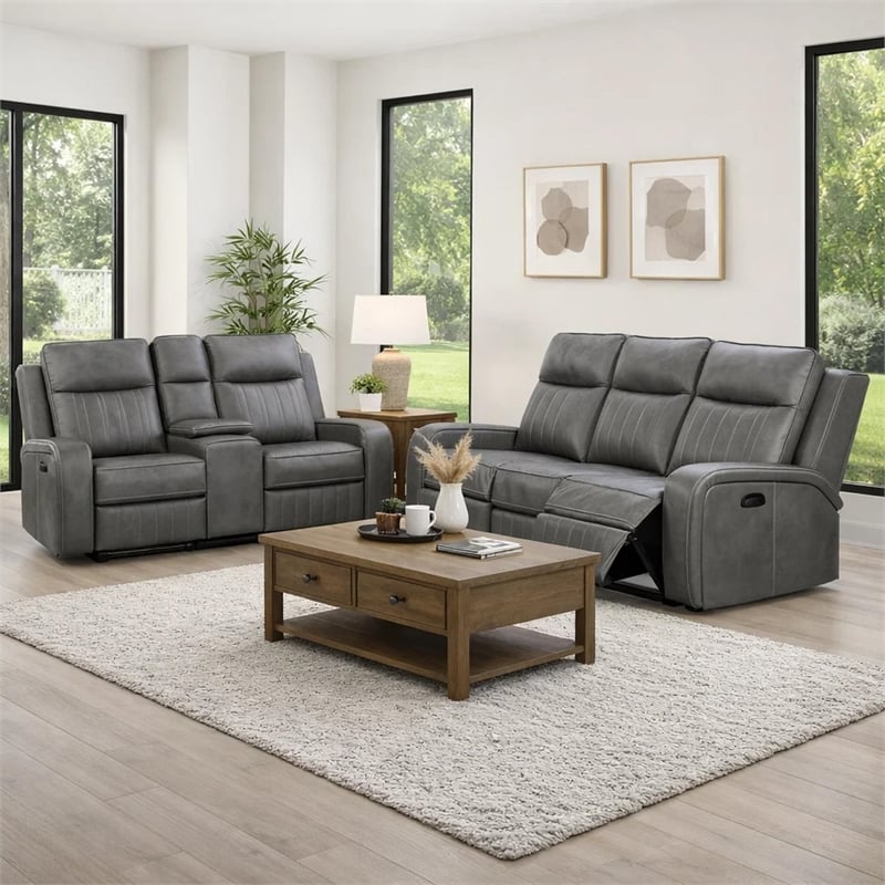 Josen 2pc Manual Reclining Sofa and Loveseat Set- Gray Faux Leather