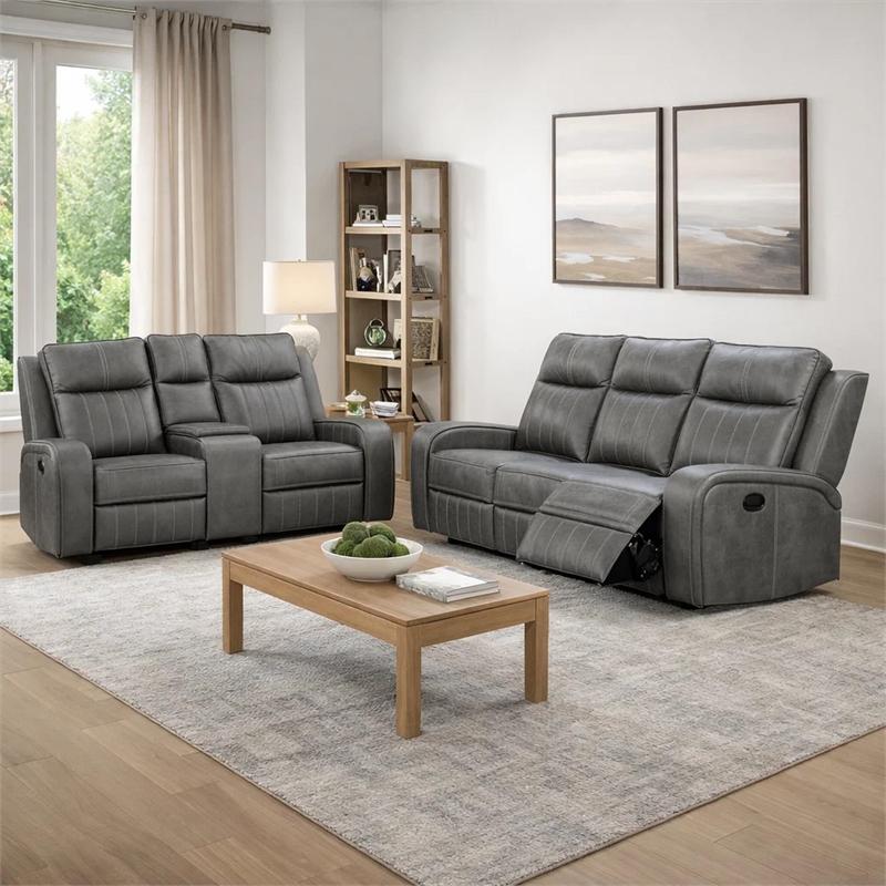 Josen 2pc Manual Reclining Sofa and Loveseat Set- Gray Faux Leather