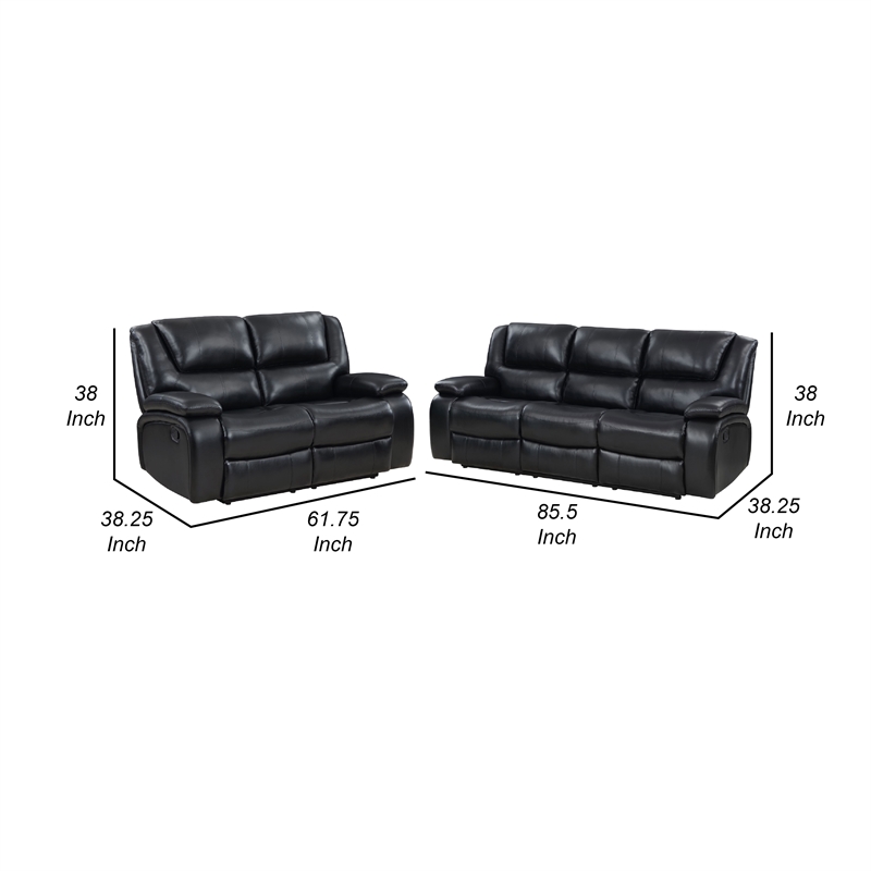 Mila 2pc Manual Reclining Sofa and Loveseat Set- Black Faux Leather