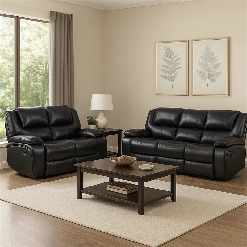 Mila 2pc Manual Reclining Sofa and Loveseat Set- Black Faux Leather