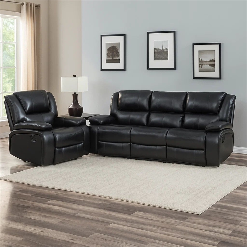 Mila 2pc Manual Reclining Sofa and Loveseat Set- Black Faux Leather