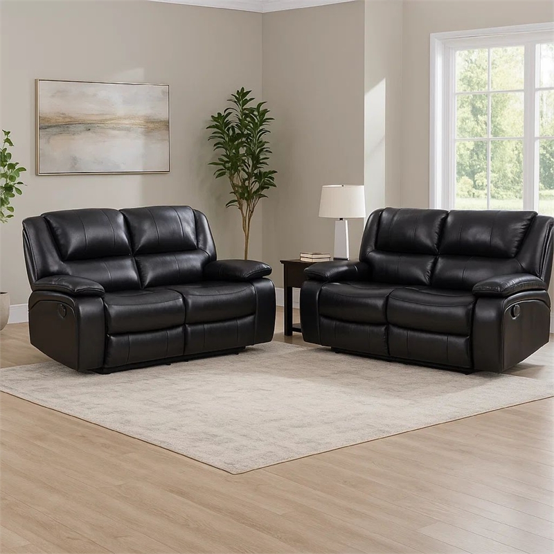 Mila 2pc Manual Reclining Sofa and Loveseat Set- Black Faux Leather