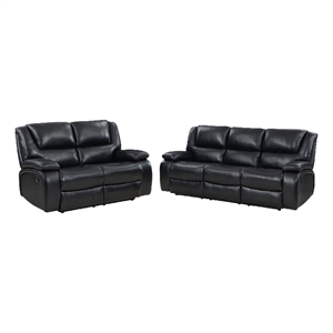 Mila 2pc Manual Reclining Sofa and Loveseat Set- Black Faux Leather