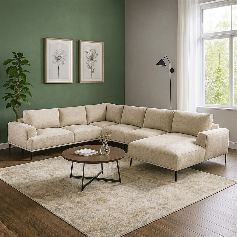 Batty J Sectional Sofa- Light Brown Chenille 147 Inch- Adjustable Back
