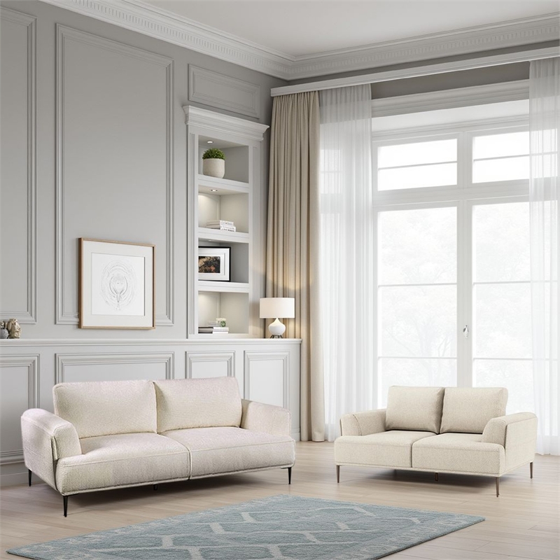 Batty Sofa and Loveseat Set- Modern White Chenille- Adjustable Back