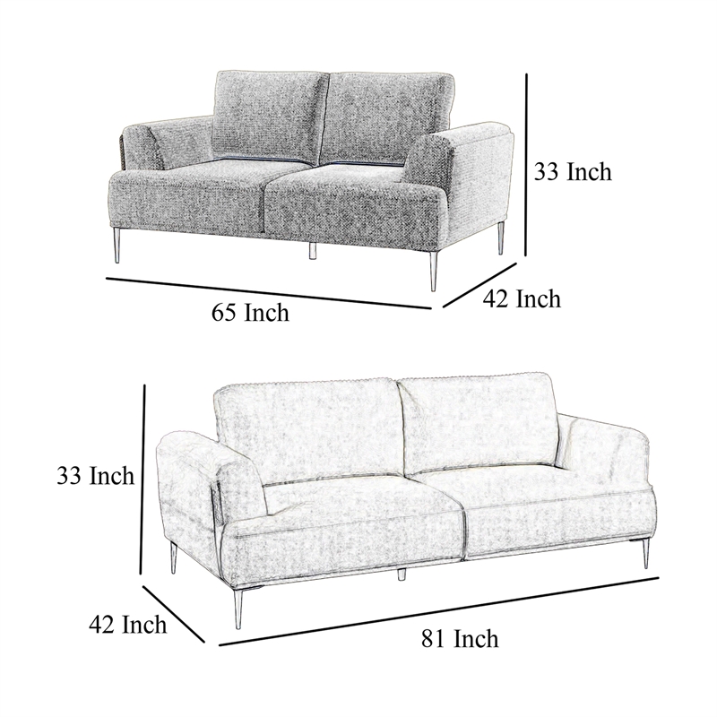 Batty 2pc Sofa and Loveseat Set- Modern Gray Chenille- Adjustable Back