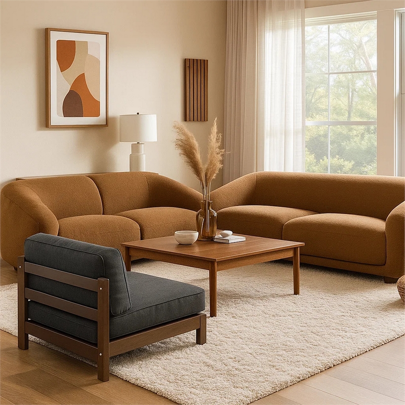 Oliver 2pc Sofa and Loveseat Set- Round Sloped Arms- Soft Brown Boucle