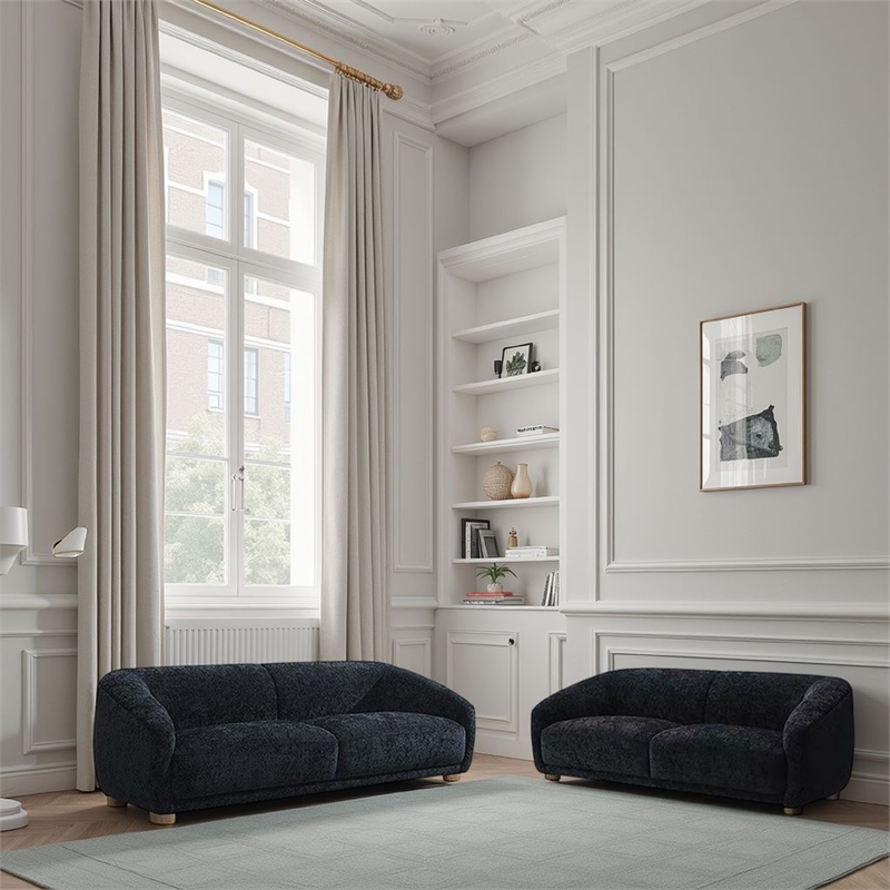 Oliver 2pc Sofa Loveseat Set- Round Sloped Arms- Soft Black Chenille