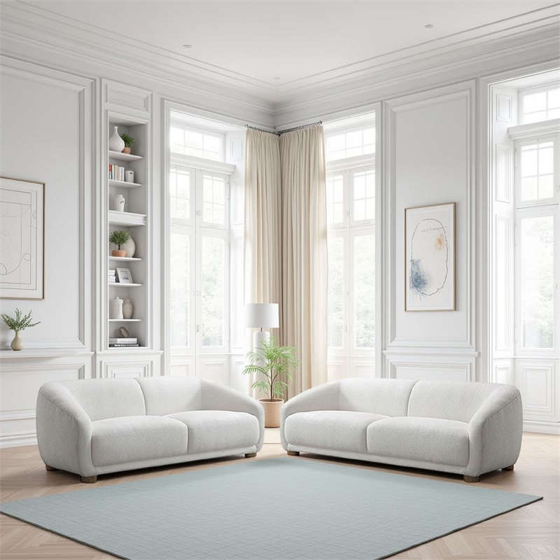 Oliver 2pc Sofa and Loveseat Set- Round Sloped Arms- Soft White Boucle