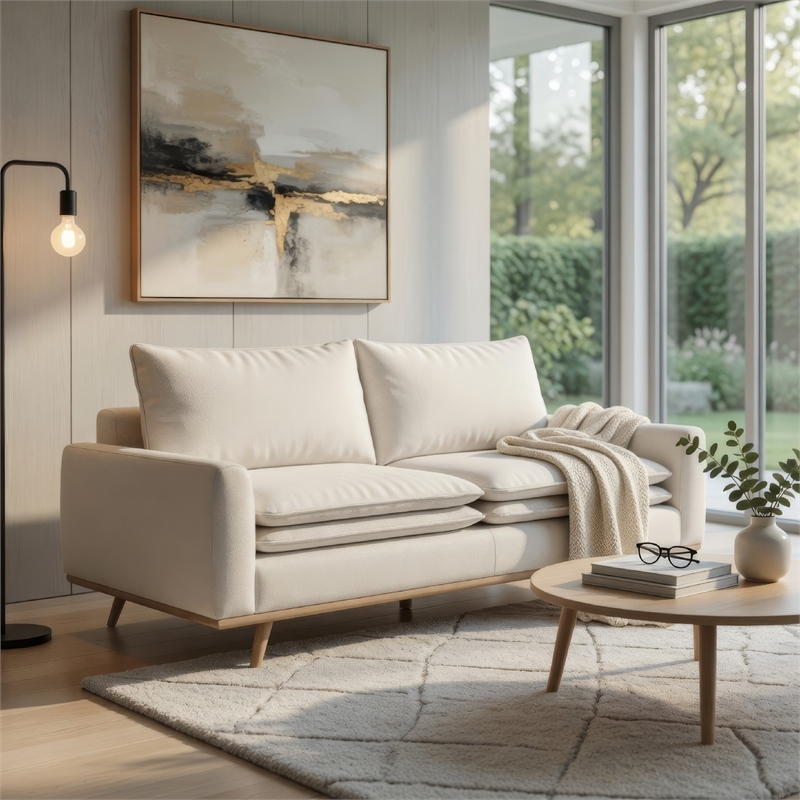 Yaana Sofa with Feather Blend Pillows- Oak Brown Wood- White 83 Inch