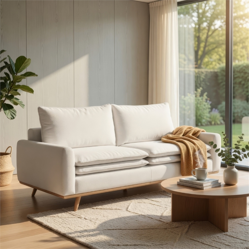 Yaana Sofa with Feather Blend Pillows- Oak Brown Wood- White 83 Inch