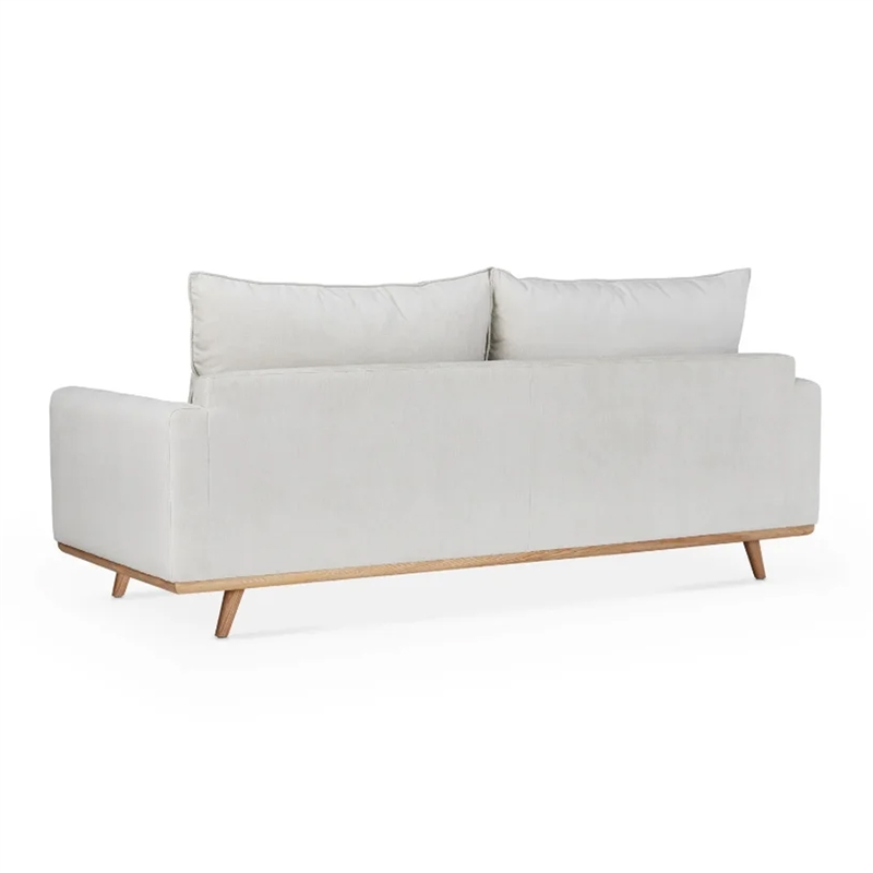Yaana Sofa with Feather Blend Pillows- Oak Brown Wood- White 83 Inch