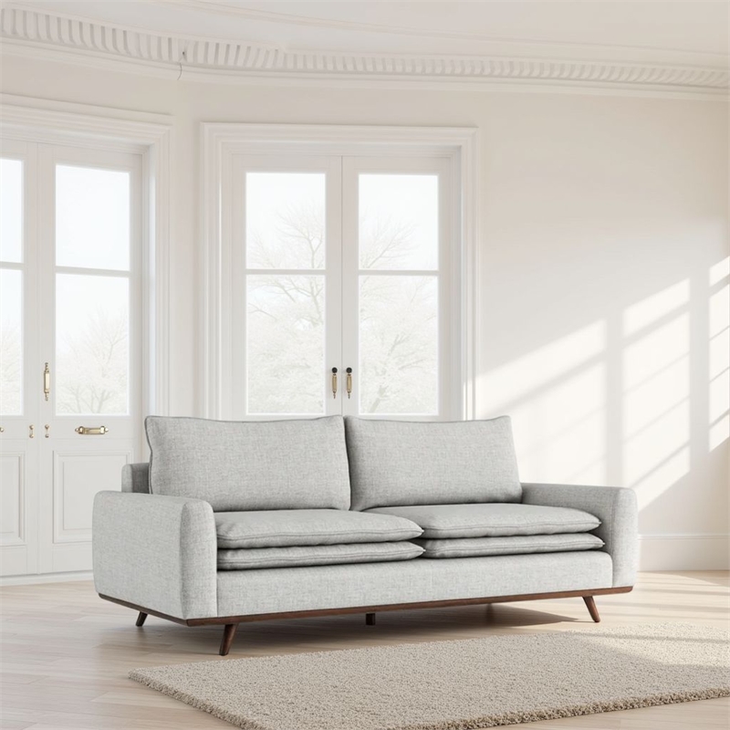 Yaana Sofa with Feather Blend Pillows- Dark Brown Wood- Gray 83 Inch