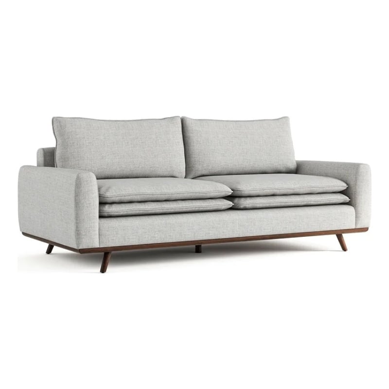 Yaana Sofa with Feather Blend Pillows- Dark Brown Wood- Gray 83 Inch