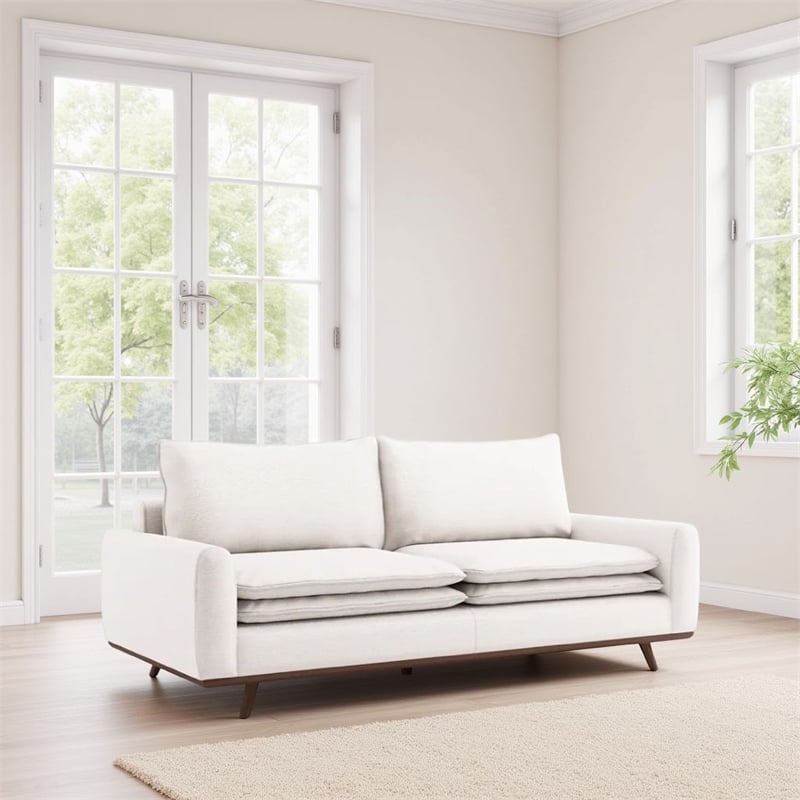 Yaana Sofa with Feather Blend Pillows- Dark Brown Wood- White 83 Inch