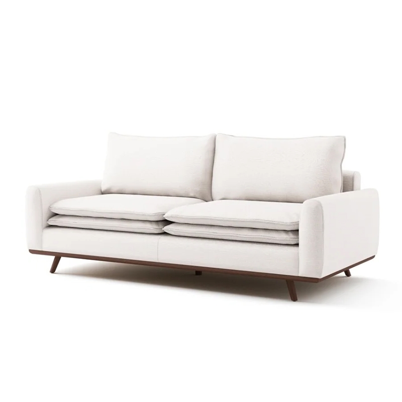 Yaana Sofa with Feather Blend Pillows- Dark Brown Wood- White 83 Inch