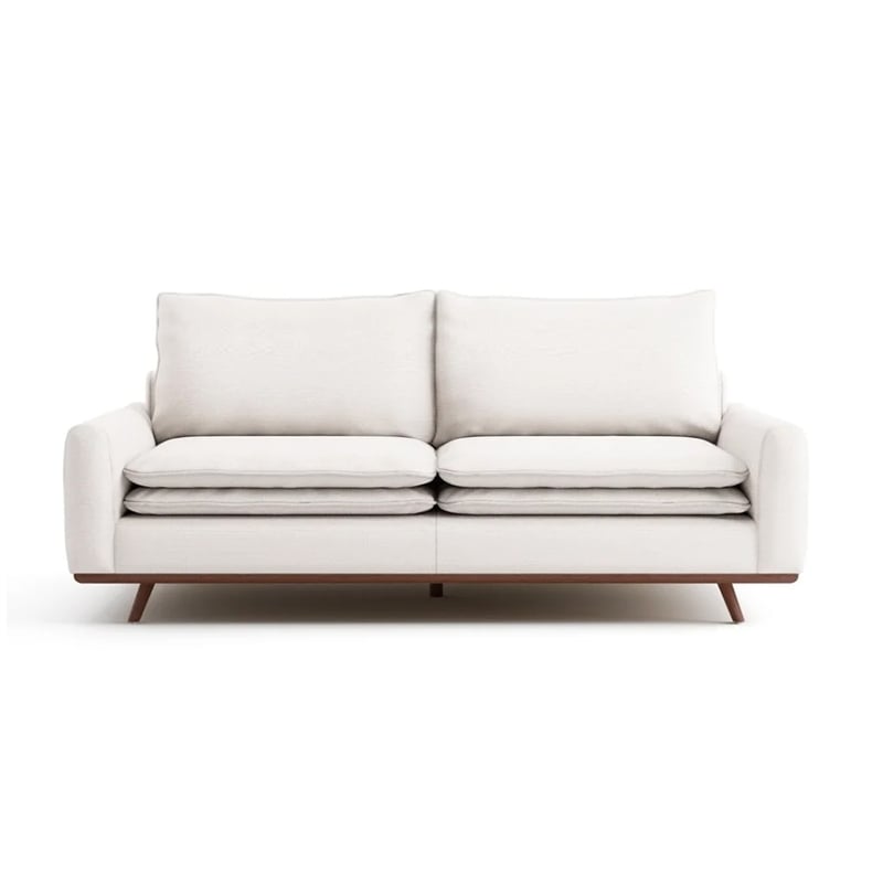 Yaana Sofa with Feather Blend Pillows- Dark Brown Wood- White 83 Inch