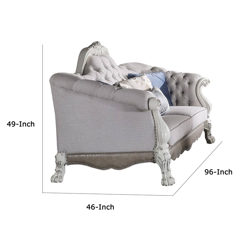 Ally Sofa- 7 Throw Pillows- Classical Bone White Faux Leather- 96 Inch