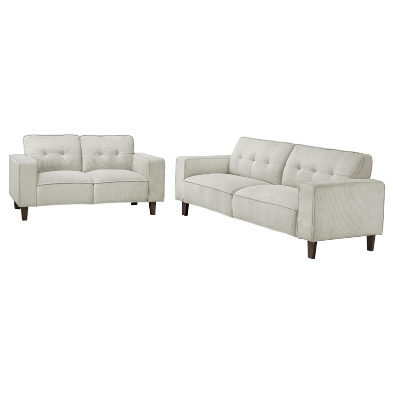 Dero 2pc Modern Sofa Set with Dark Brown Tapered Legs- Tufted Greige