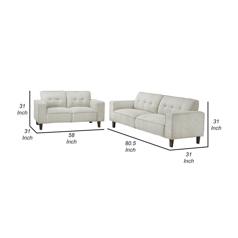 Dero 2pc Modern Sofa Set with Dark Brown Tapered Legs- Tufted Greige