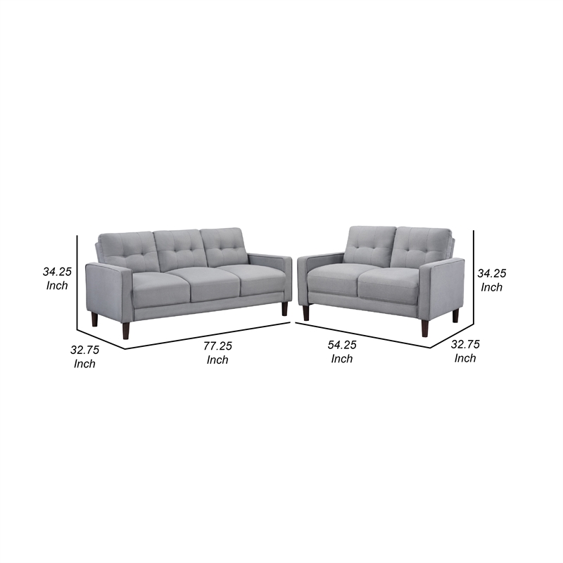 Bow 2pc Sofa Set with Track Arms and Tapered Legs- Gray Grid Tufted Fabric