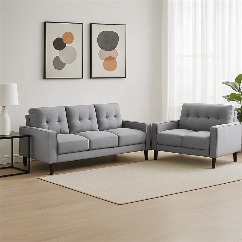 Bow 2pc Sofa Set with Track Arms and Tapered Legs- Gray Grid Tufted Fabric