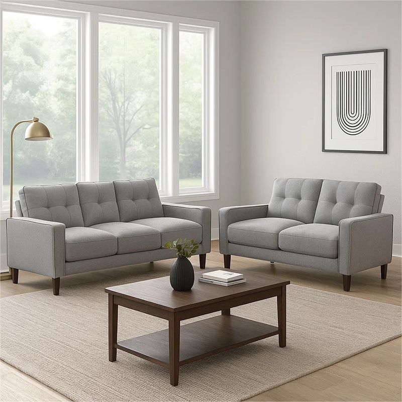 Bow 2pc Sofa Set with Track Arms and Tapered Legs- Gray Grid Tufted Fabric