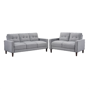 Bow 2pc Sofa Set with Track Arms and Tapered Legs- Gray Grid Tufted Fabric