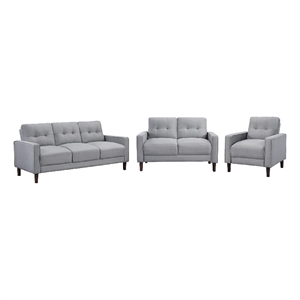 Bow 3pc Sofa Set with Track Arms and Tapered Legs- Gray Grid Tufted Fabric