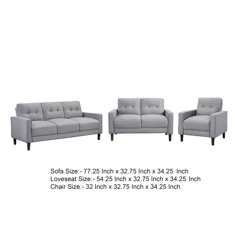 Bow 3pc Sofa Set with Track Arms and Tapered Legs- Gray Grid Tufted Fabric