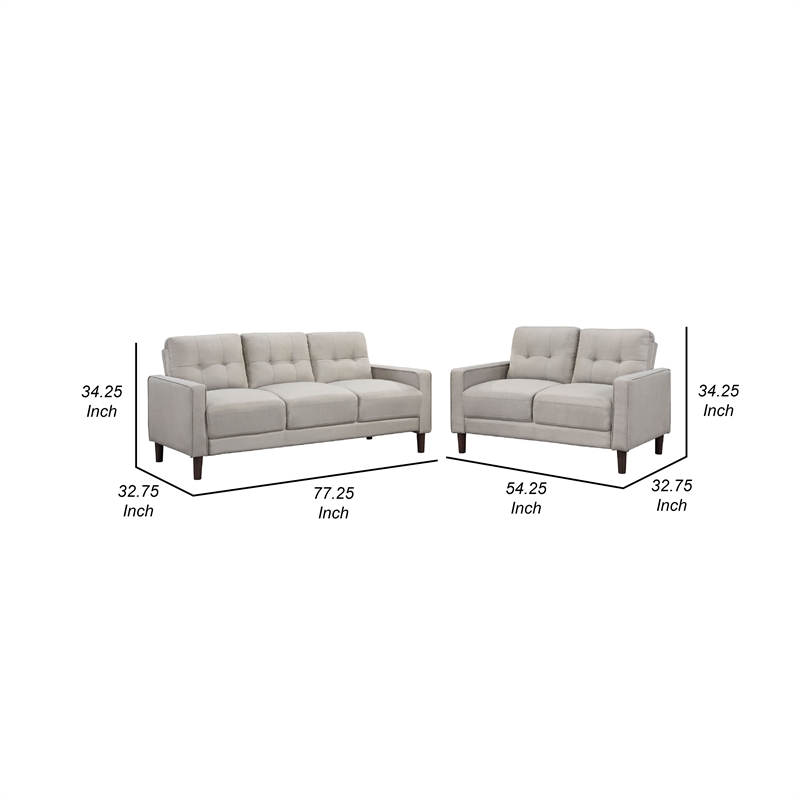 Bow 2pc Sofa Set with Track Arms and Tapered Legs- Beige Grid Tufted Fabric