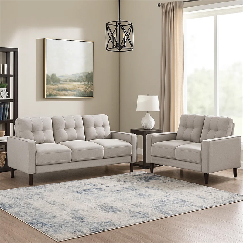 Bow 2pc Sofa Set with Track Arms and Tapered Legs- Beige Grid Tufted Fabric