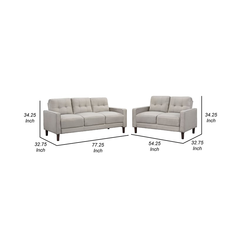 Bow 2pc Sofa Set with Track Arms and Tapered Legs- Beige Grid Tufted Fabric