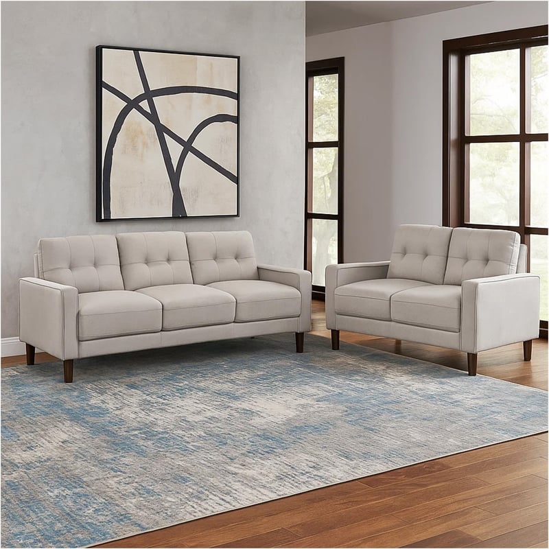 Bow 2pc Sofa Set with Track Arms and Tapered Legs- Beige Grid Tufted Fabric