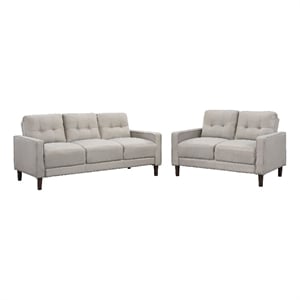 Bow 2pc Sofa Set with Track Arms and Tapered Legs- Beige Grid Tufted Fabric