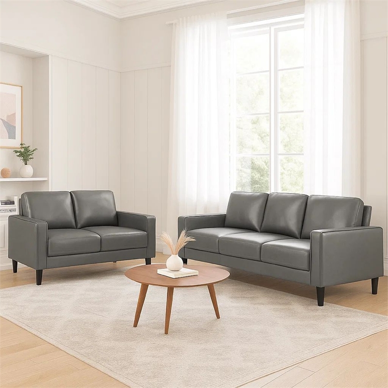 Rumi 2pc Sofa and Loveseat Set- Modern Track Arms- Gray Faux Leather